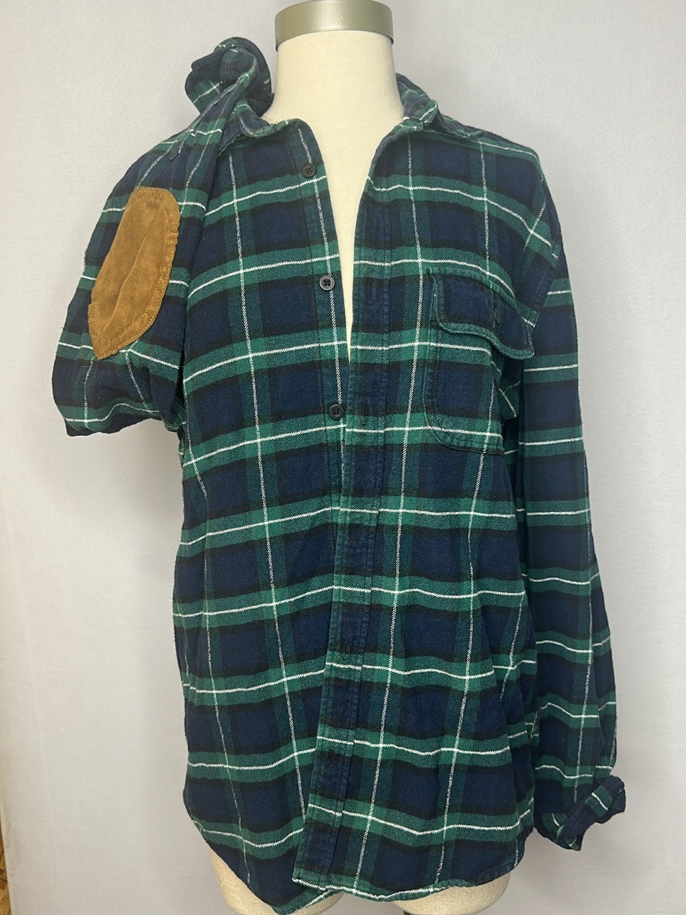 Aeropostale Navy and Green Plaid Button-Up Sweater with Tan Elbow Patch